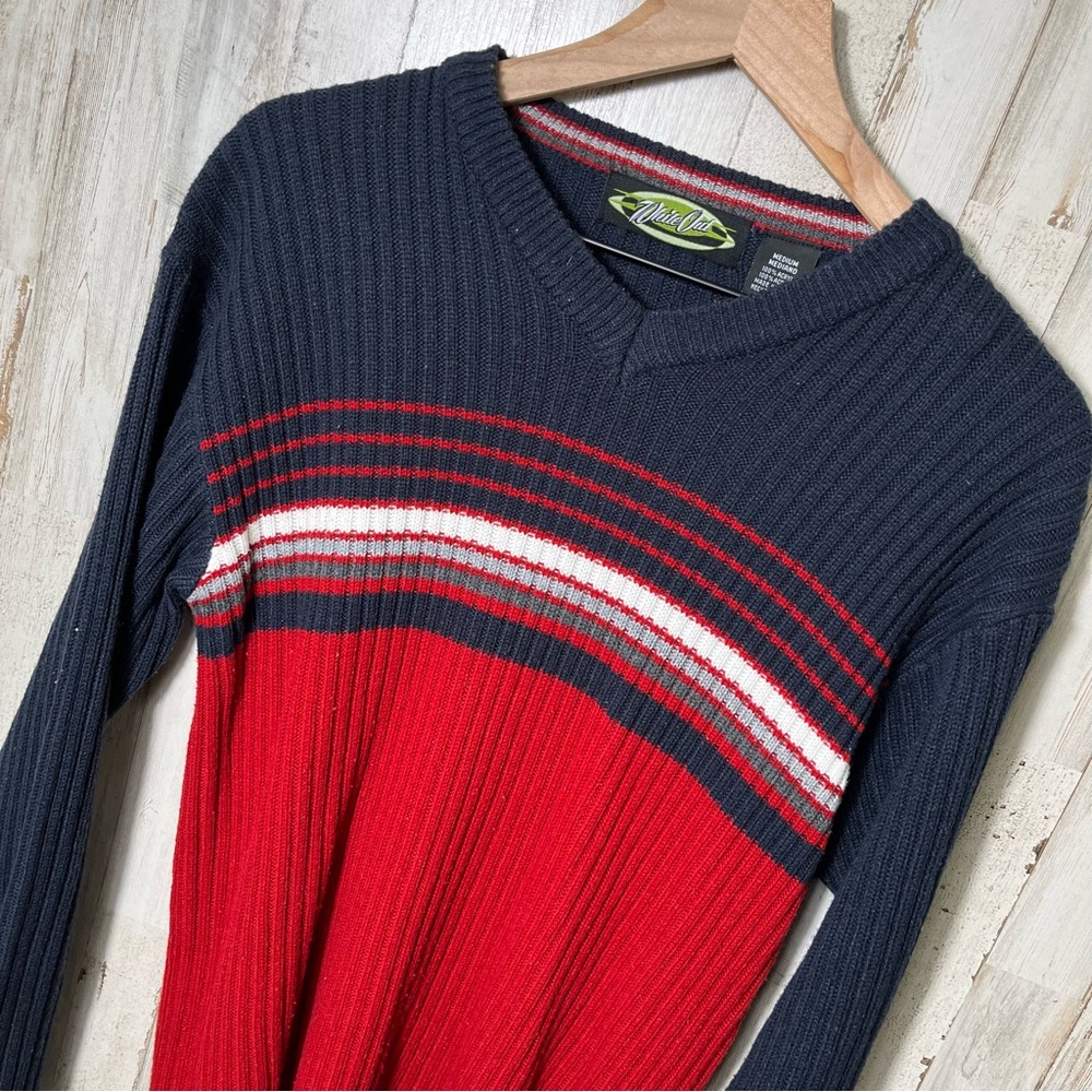 Vintage 90s Stripe All Over Knit Ribbed V Neck Sweater‎ Skater Retro Mens M